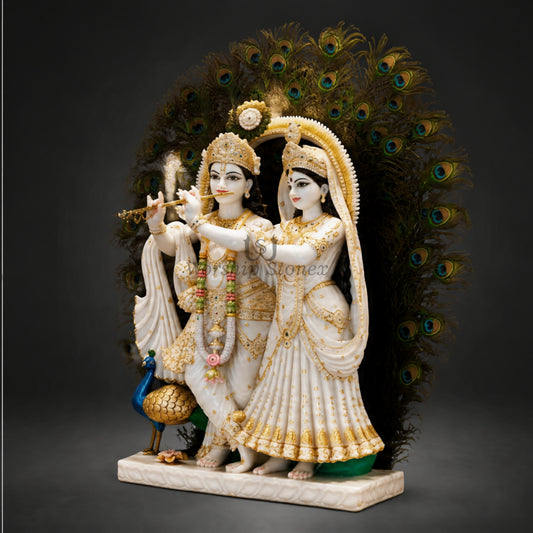 30 Inch Handcrafted Vietnam White Marble Radha Krishna Statue – Standing Pair Idol with Gold Ornamentation and Peacock Feather Backdrop