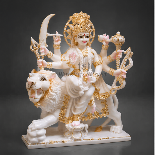 24 inch Maa Durga (Sherawali) Vietnam White Marble Murti (Gold Embossed Finish)