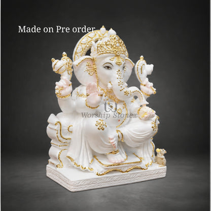 Makrana Marble White and Gold Ganesh Ji Murti - 15 inch