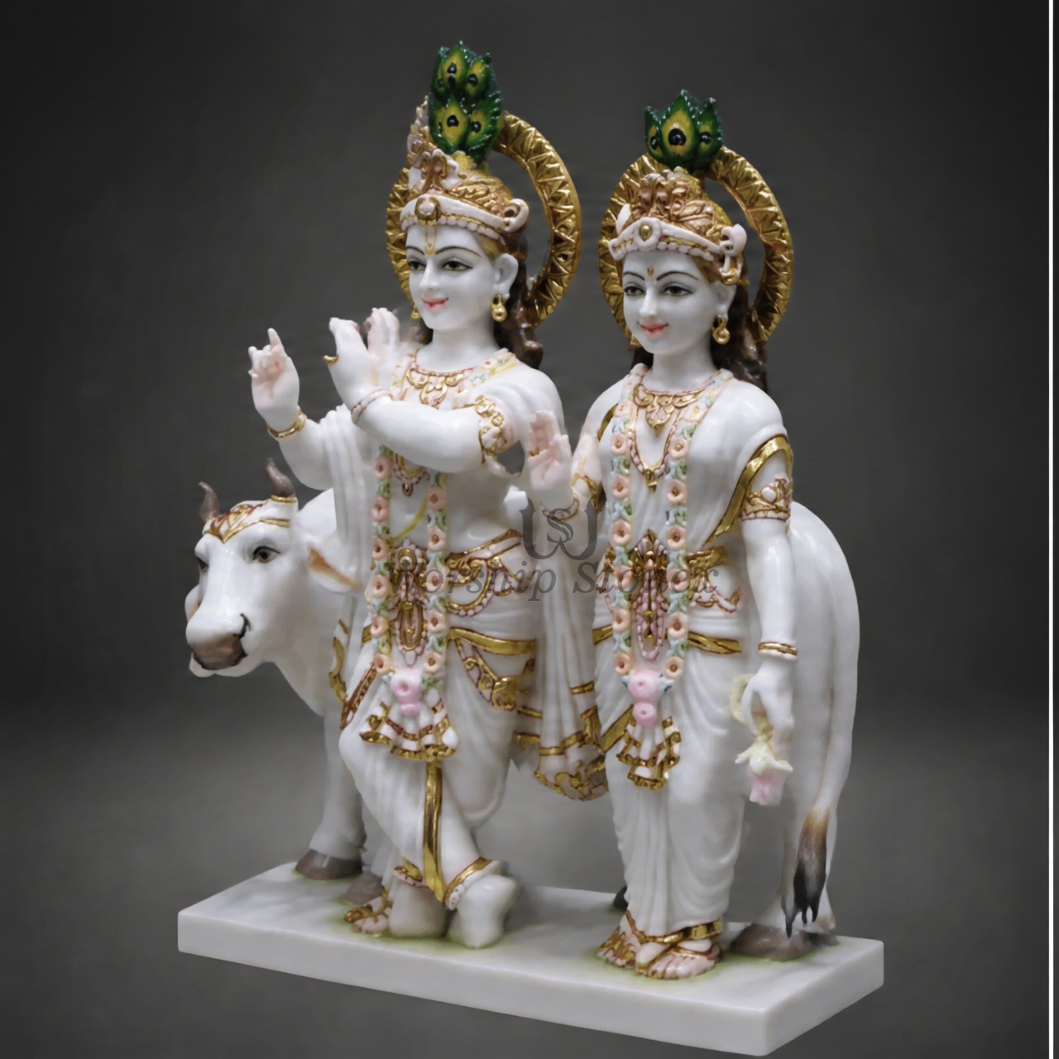 18 inch White Marble Radha Krishna Statue Set with Cow – Standing Pair Idol with Gold Work and Peacock Crests