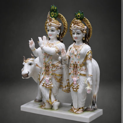 18 inch White Marble Radha Krishna Statue Set with Cow – Standing Pair Idol with Gold Work and Peacock Crests