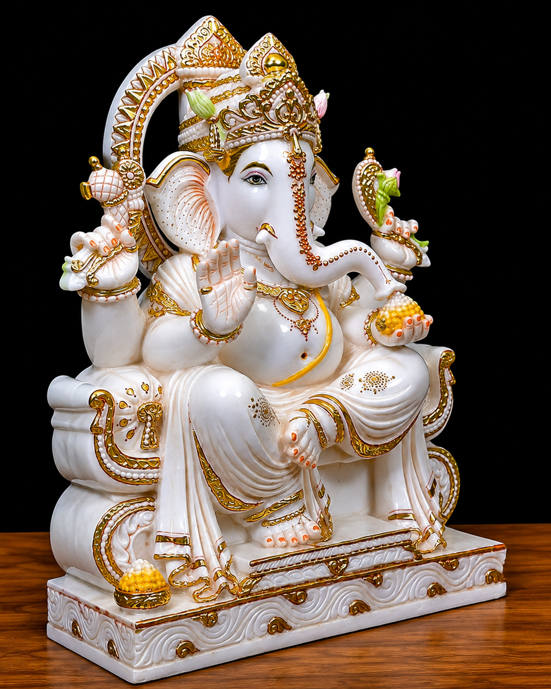 Divine Designer Gold Work White Marble Lord Ganesha Statue
