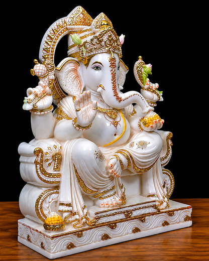 Divine Designer Gold Work White Marble Lord Ganesha Statue