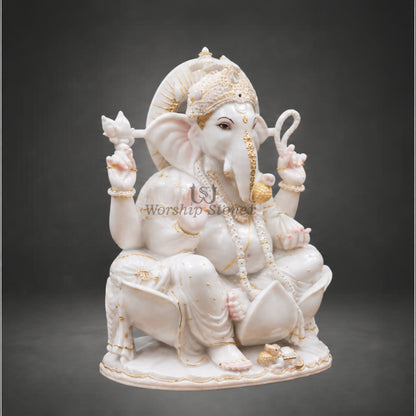 18 Inch White Marble Four-Armed Lord Ganesha Moorti with Golden Work