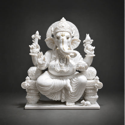 6' to 18' White Marble Lord Ganesha Murti – Premium Seated Design