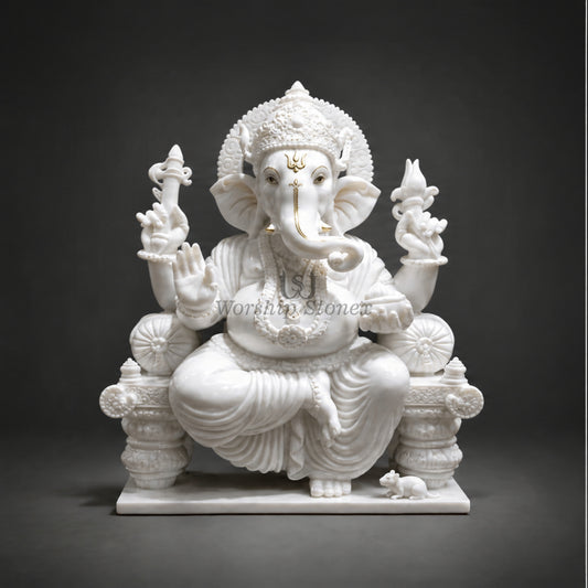 6' to 18' White Marble Lord Ganesha Murti – Premium Seated Design