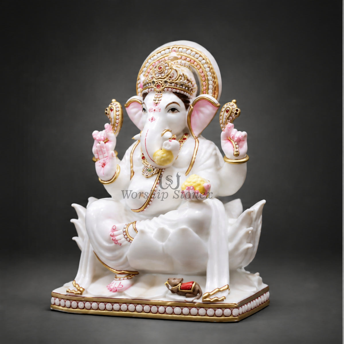 15 Inch White Marble Lord Ganesha Statue – Seated Lotus Ganesha Idol with Gold Detailing