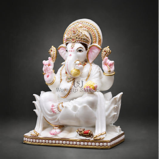 15 Inch White Marble Lord Ganesha Statue – Seated Lotus Ganesha Idol with Gold Detailing