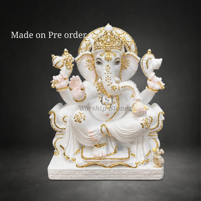 Makrana Marble White and Gold Ganesh Ji Murti - 15 inch