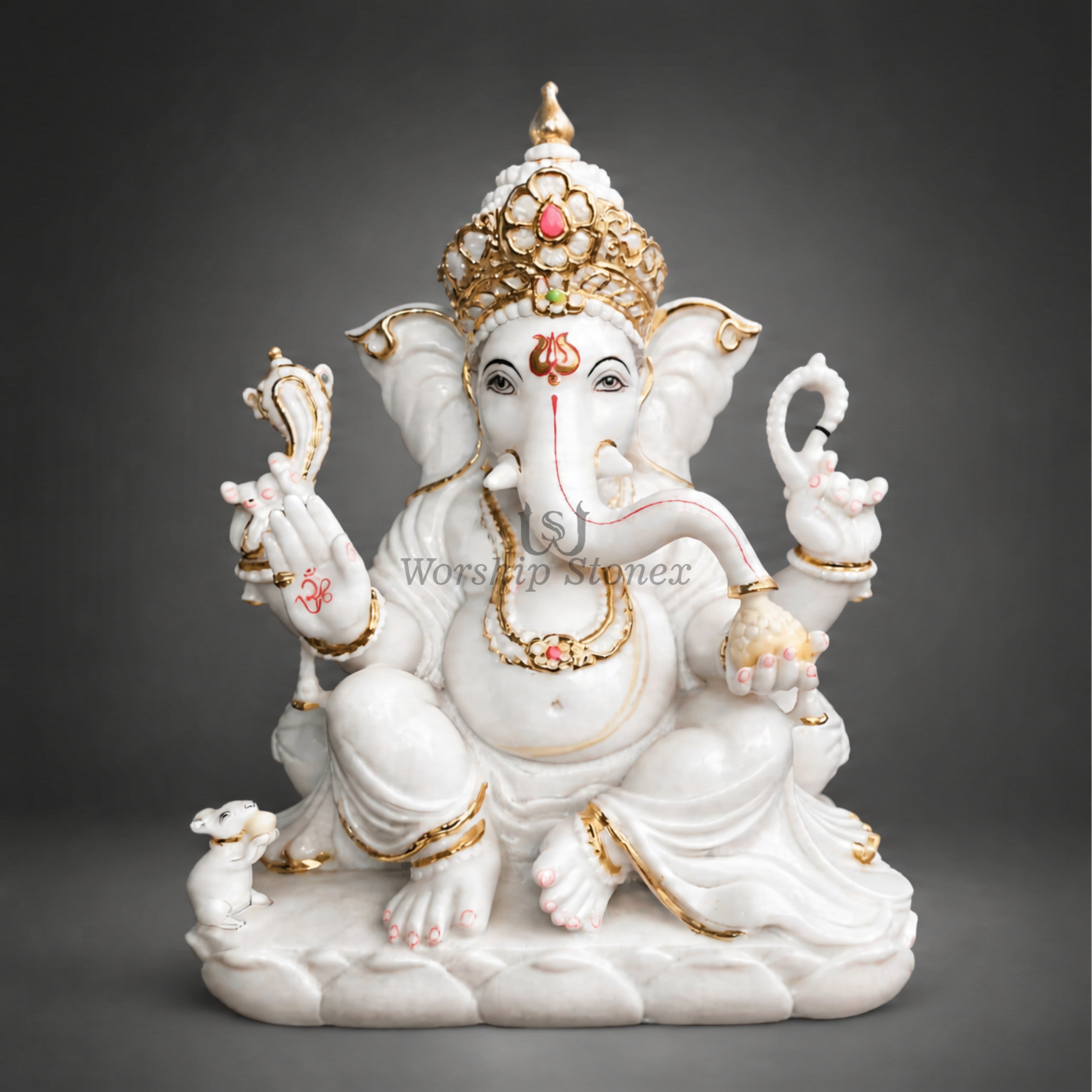12 Inch White Marble Lord Ganesha Idol with Gold Work – Premium Designer Ganesh Murti