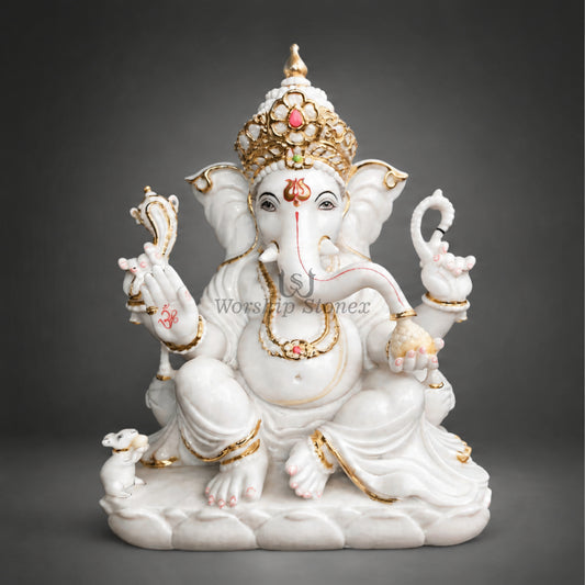 12 Inch White Marble Lord Ganesha Idol with Gold Work – Premium Designer Ganesh Murti