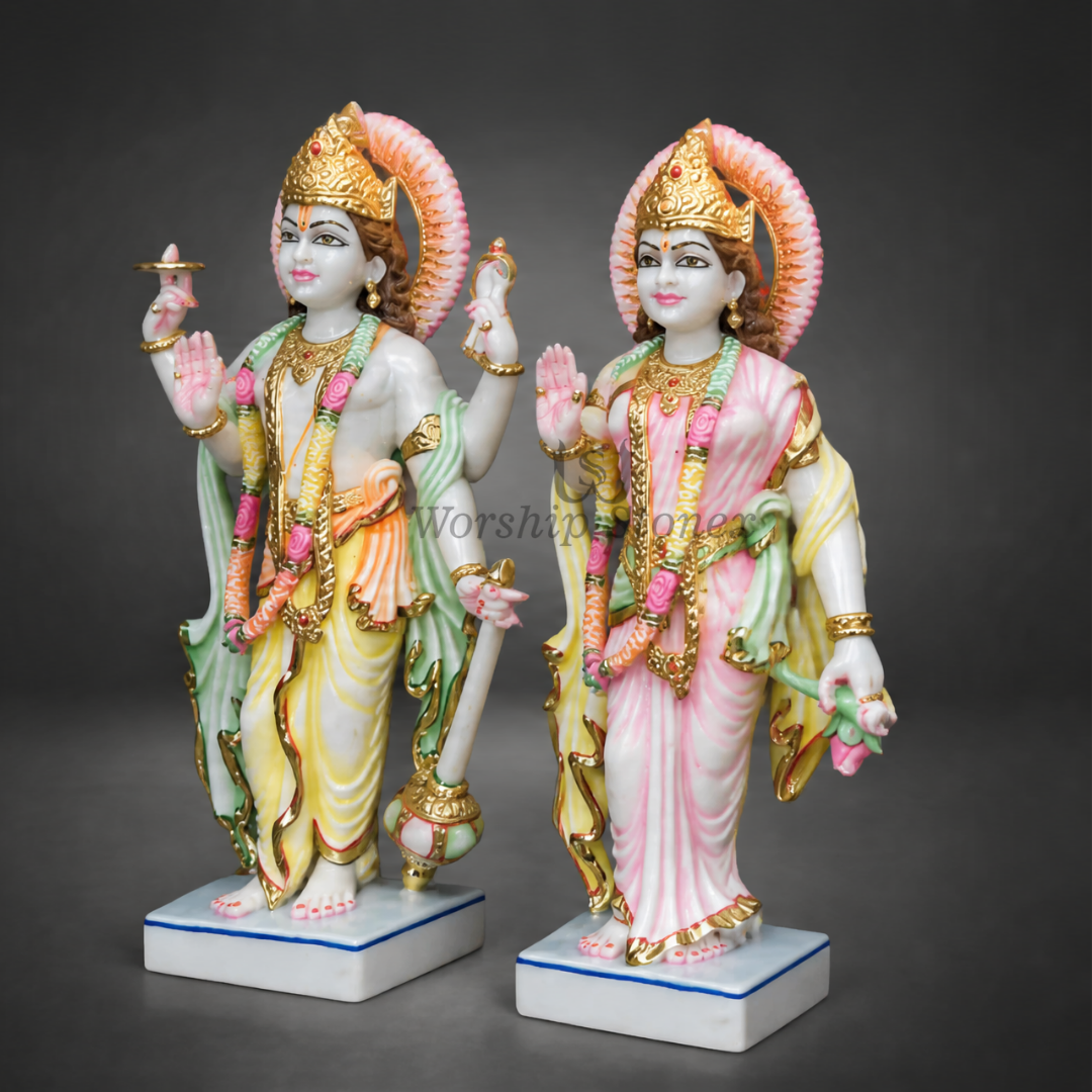 15 inch Standing Vishnu Lakshmi Marble Statue with Gold Leaf Work Makrana White Marble Lakshmi Narayan Statue for Home Mandir