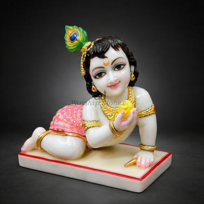 15 Inch Handcrafted White Makrana Marble Laddu Gopal Bal Krishna Murti