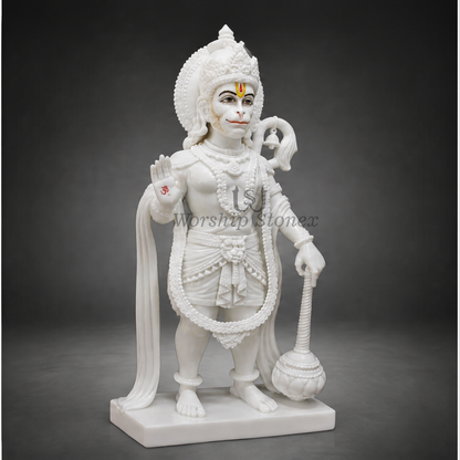 12 inch to 36 inch Divine Lord Hanuman Ji Vietnam White Marble Murti (Standing Abhaya Mudra Posture)