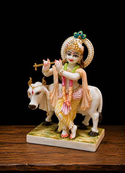 12-Inch Krishna with Cow Marble Murti