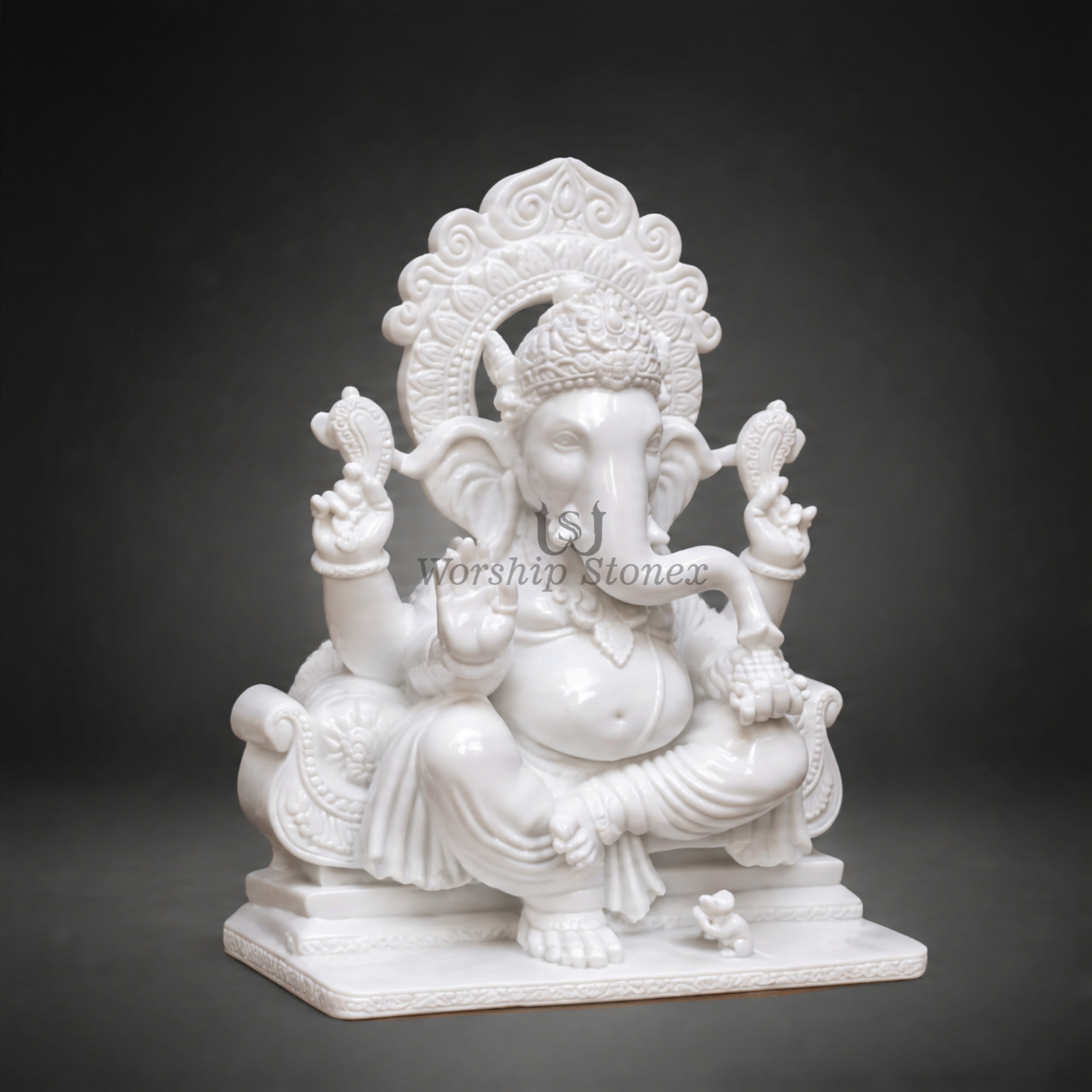 Handcrafted Pure White Makrana Marble Seated Ganesha Statue