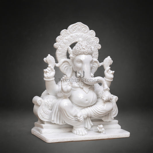Handcrafted Pure White Makrana Marble Seated Ganesha Statue