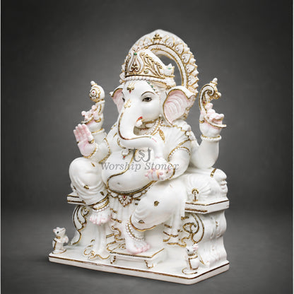 6 to 24 inch White Makrana Marble Ganesha Statue on Ornate Throne with Gold Outlines
