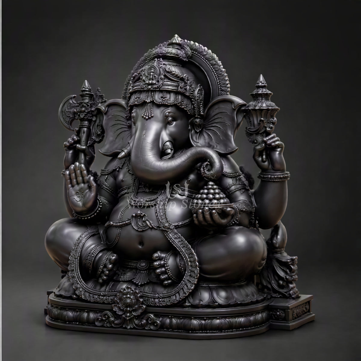 15 inch Premium Black Stone Lord Ganesha Statue with Lotus Base