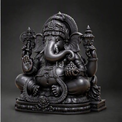 15 inch Premium Black Stone Lord Ganesha Statue with Lotus Base