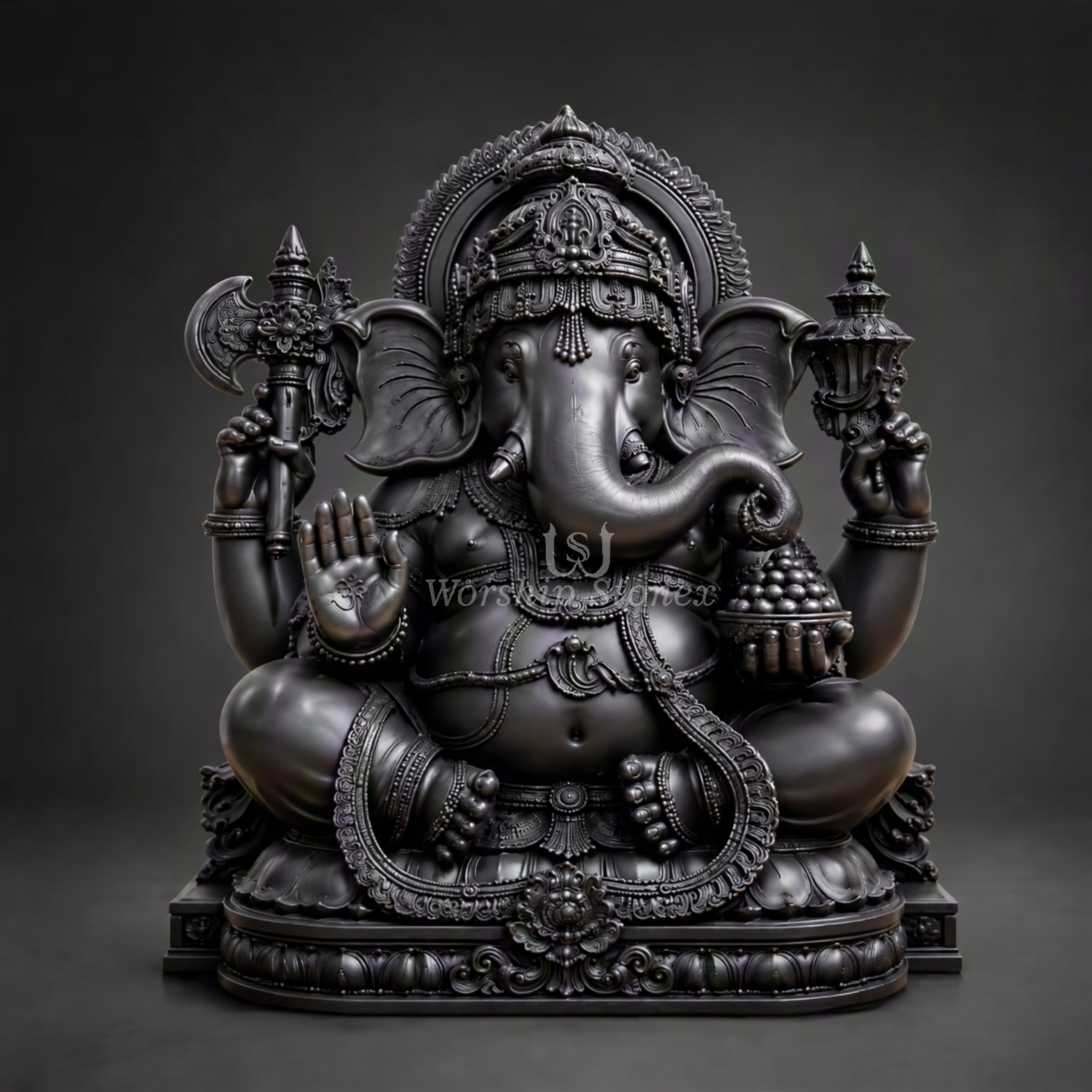 15 inch Premium Black Stone Lord Ganesha Statue with Lotus Base