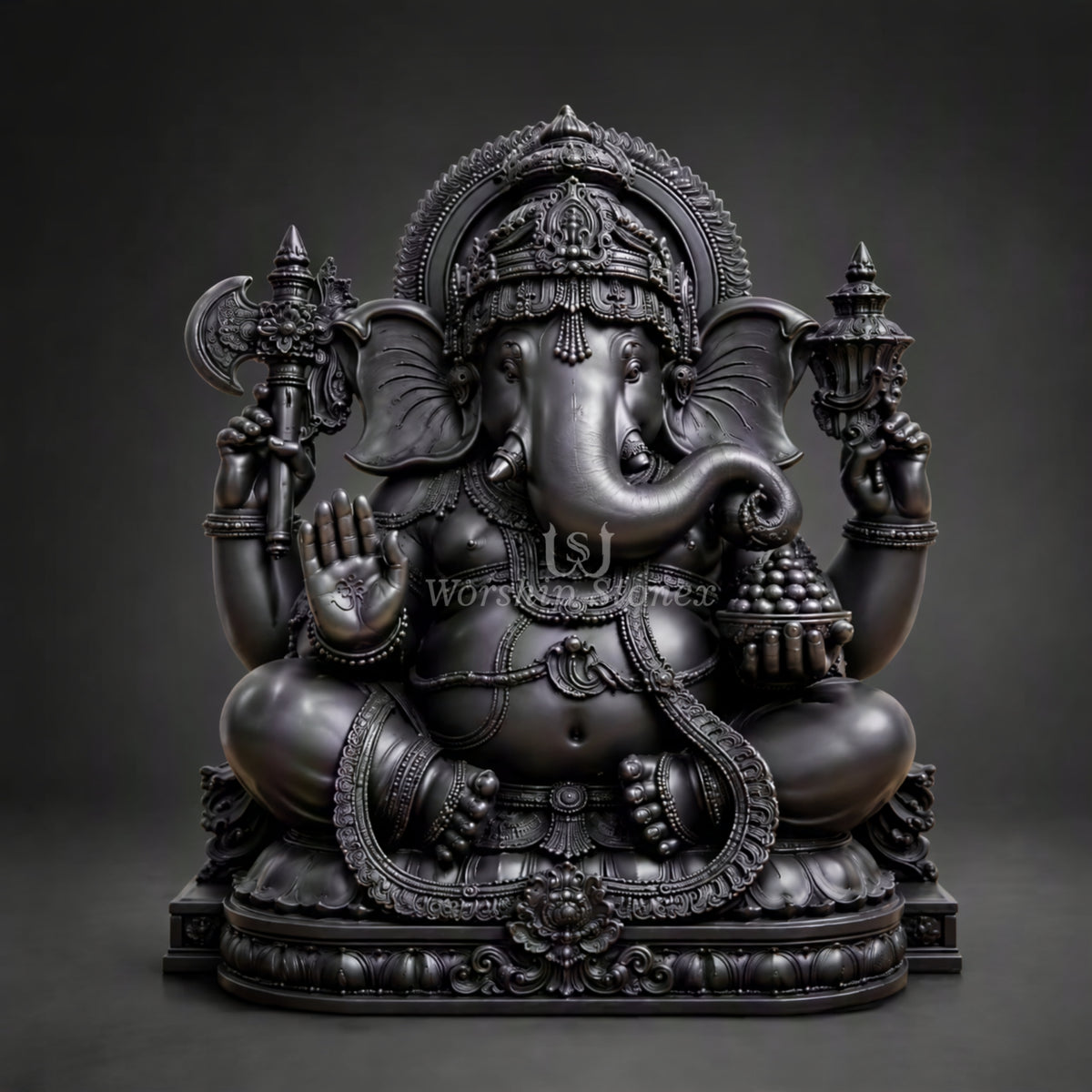 15 inch Premium Black Stone Lord Ganesha Statue with Lotus Base