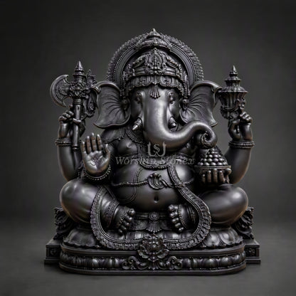 15 inch Premium Black Stone Lord Ganesha Statue with Lotus Base