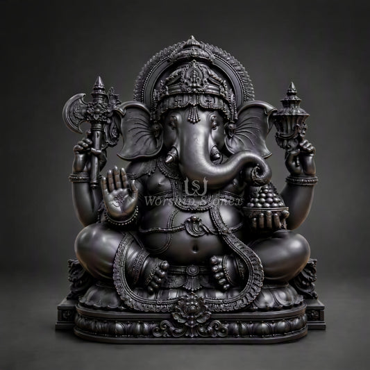 15 inch Premium Black Stone Lord Ganesha Statue with Lotus Base