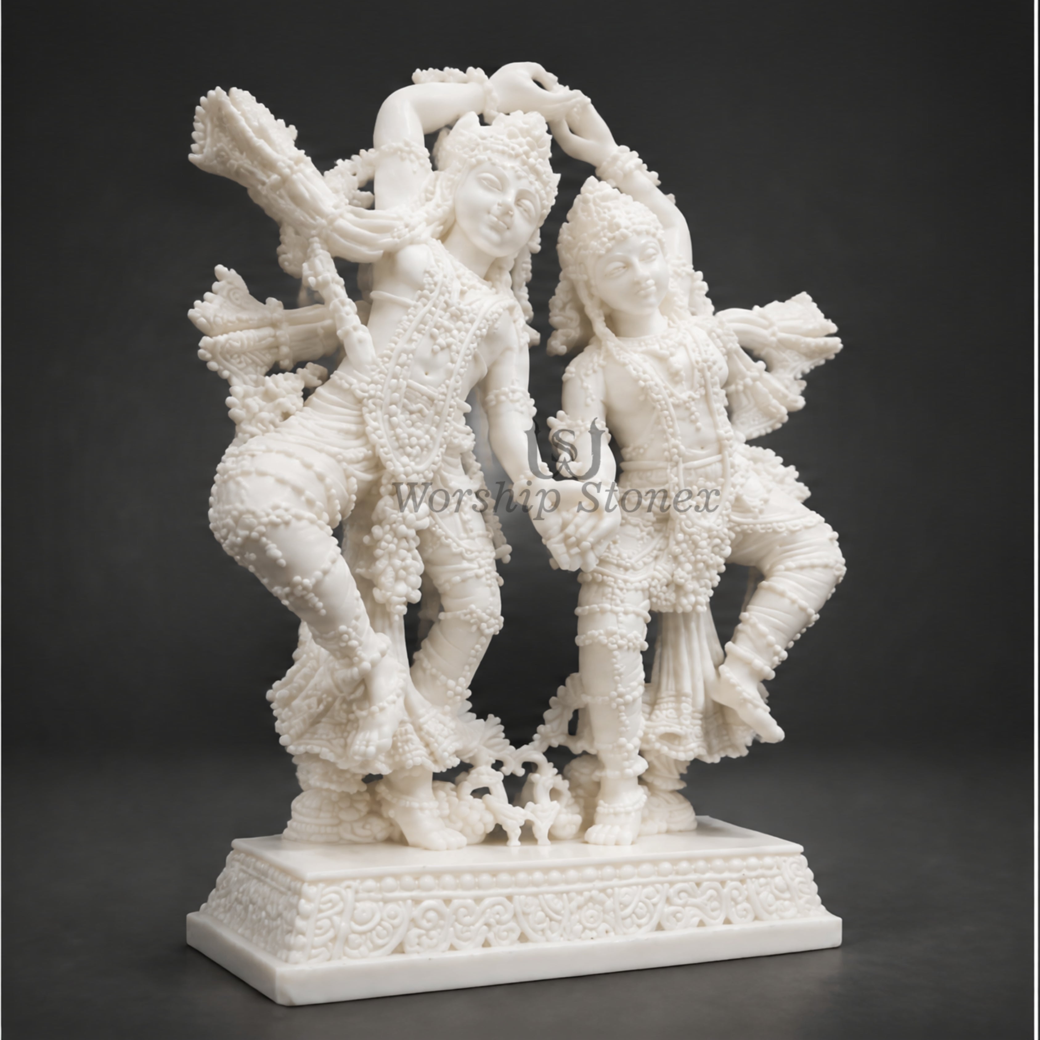 12 inch to 36 inch Pure White Makrana Marble Dancing Radha Krishna Statue – Intricately Carved Raas Leela Idol
