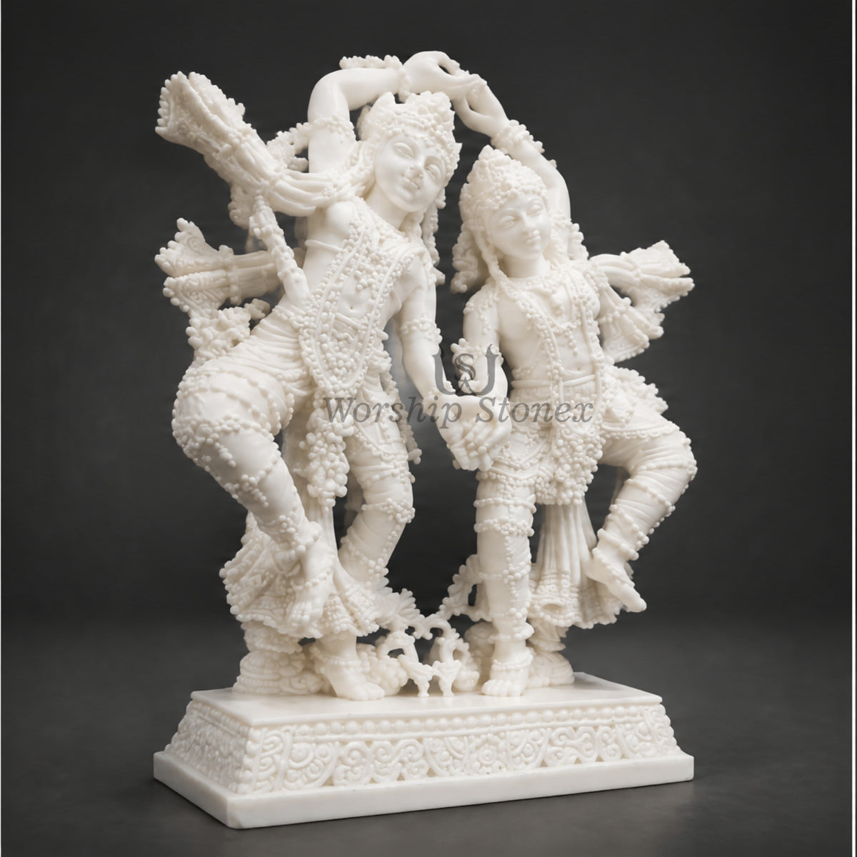 12 inch to 36 inch Pure White Makrana Marble Dancing Radha Krishna Statue – Intricately Carved Raas Leela Idol