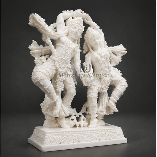 12 inch to 36 inch Pure White Makrana Marble Dancing Radha Krishna Statue – Intricately Carved Raas Leela Idol