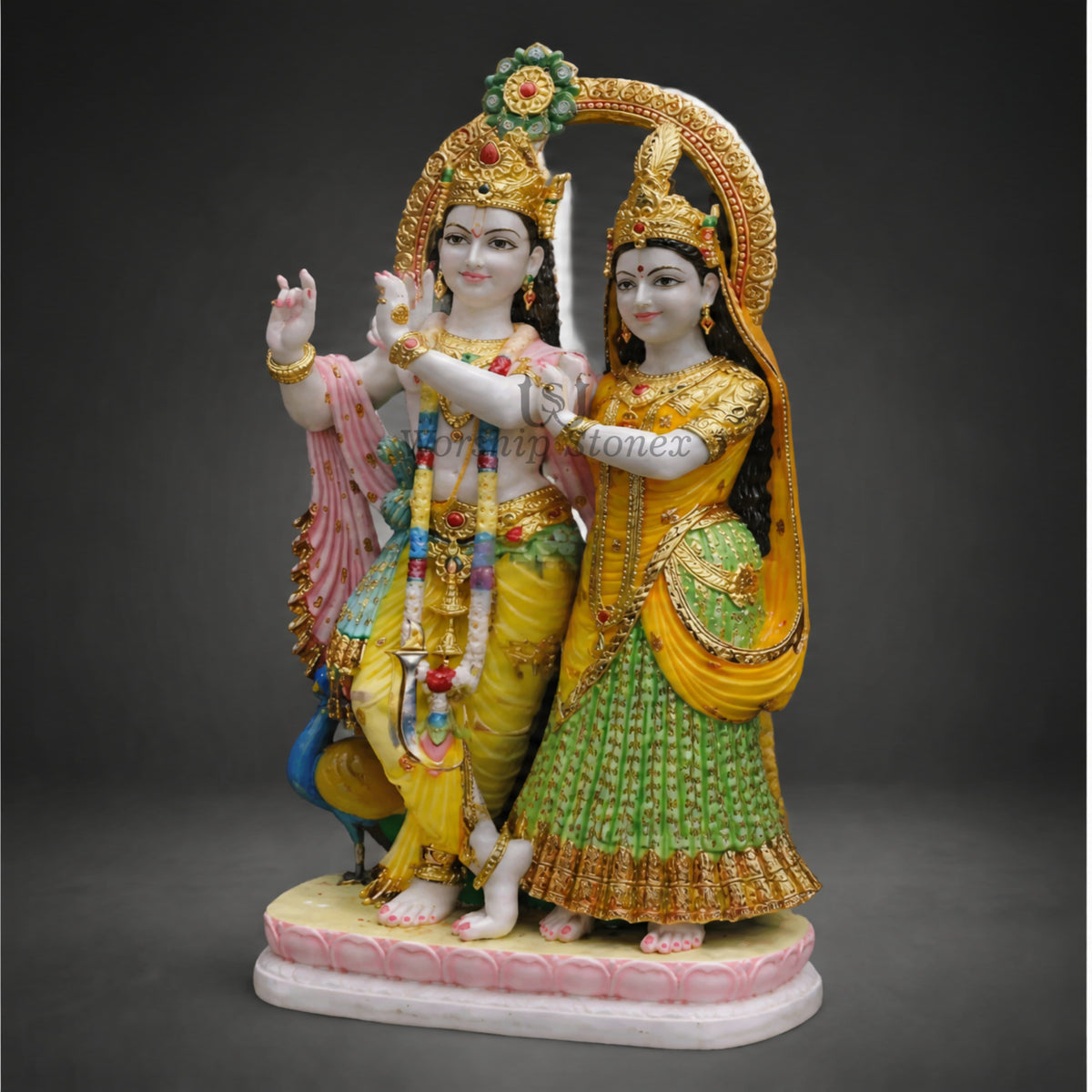 12 inch White Marble Radha Krishna with Peacock