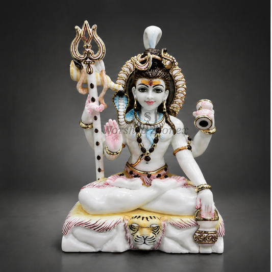 18 inch Seated Lord Shiva Makrana White Marble Murti (Gold Embossed & Meenakari Finish)