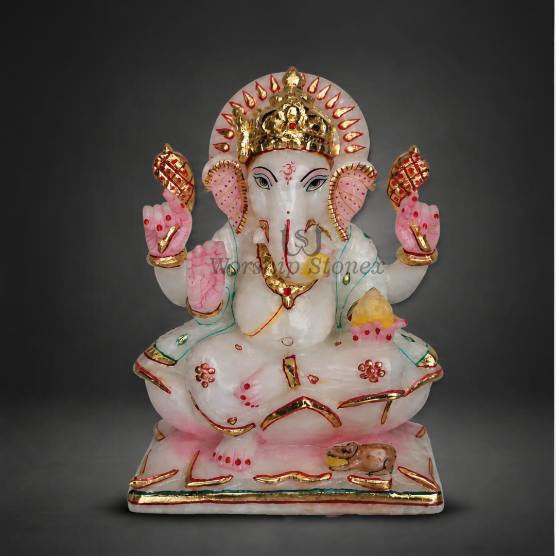 6 inch Lord Ganesha Vietnam White Marble Murti (Gold Embossed & Pink Meenakari Finish)