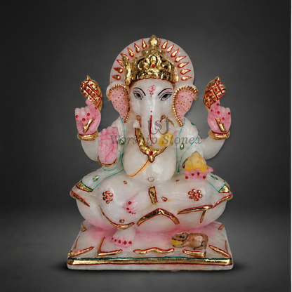 6 inch Lord Ganesha Vietnam White Marble Murti (Gold Embossed & Pink Meenakari Finish)