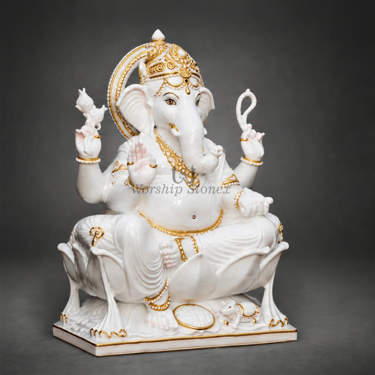 18-Inch Makrana White Marble Seated Ganesha Statue with Gold Painting Work