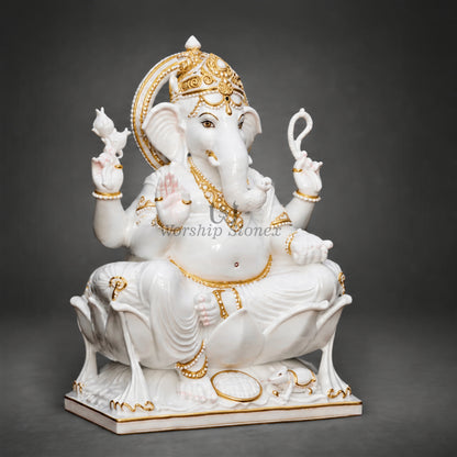 18-Inch Makrana White Marble Seated Ganesha Statue with Gold Painting Work