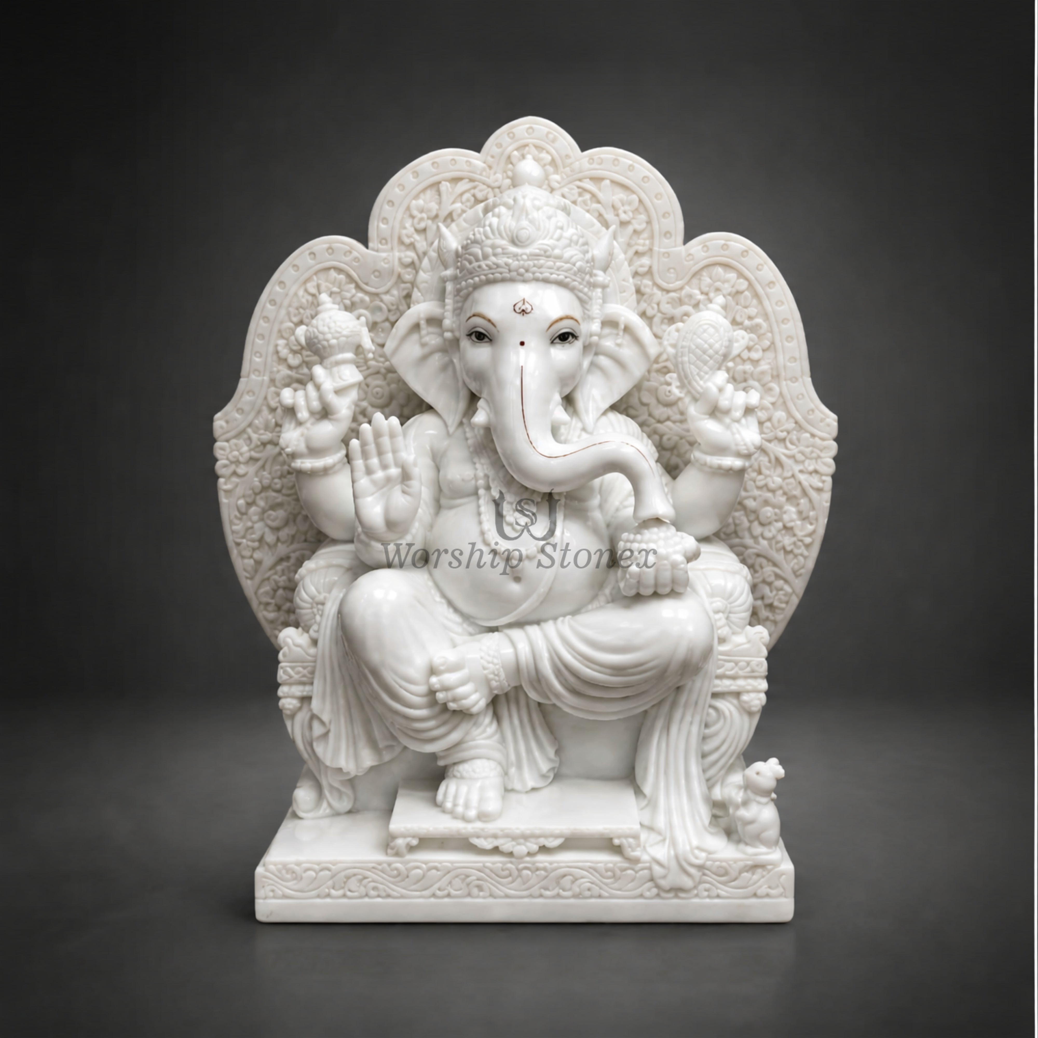 15 Inch Handcrafted White Marble Ganesha Moorti - Intricately Carved Throne Idol