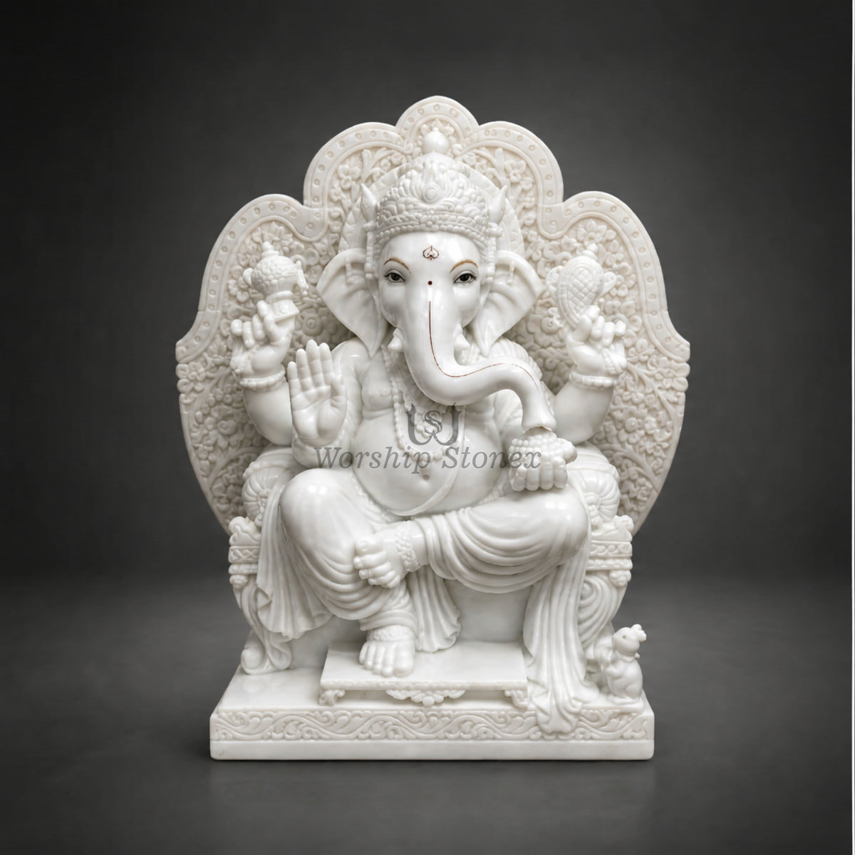 15 Inch Handcrafted White Marble Ganesha Moorti - Intricately Carved Throne Idol