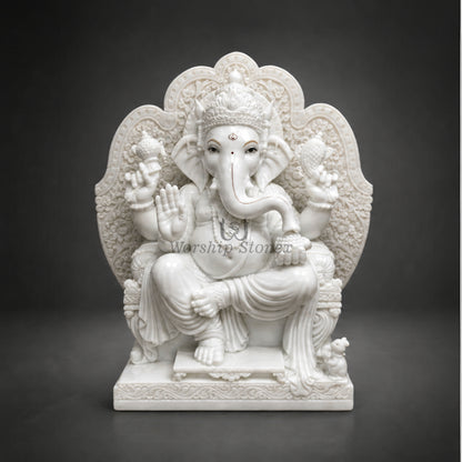 15 Inch Handcrafted White Marble Ganesha Moorti - Intricately Carved Throne Idol