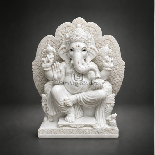 15 Inch Handcrafted White Marble Ganesha Moorti - Intricately Carved Throne Idol