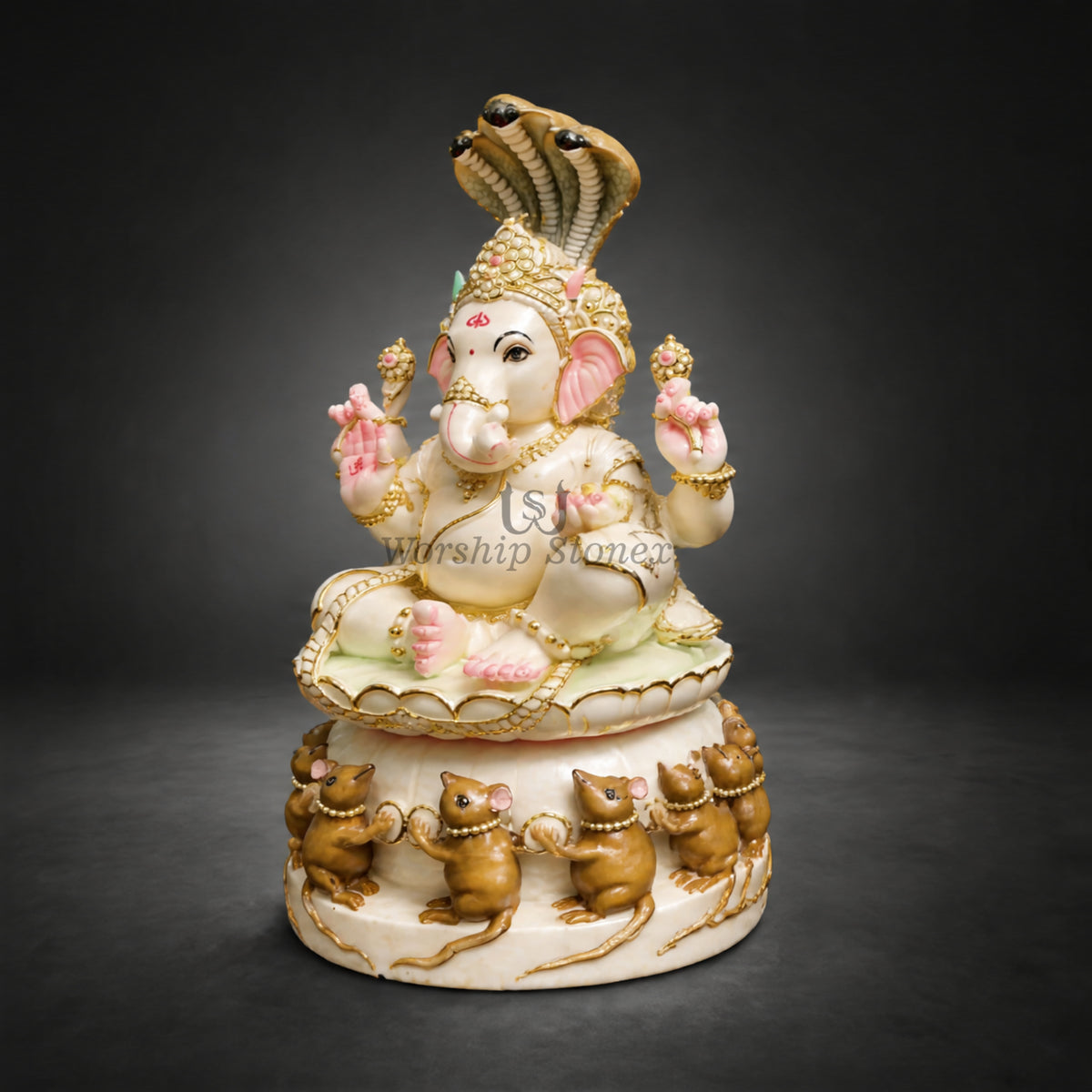 15 inch Vietnam Marble Lord Ganesha Murti with Sheshnag Crown & Decorative Mouse Base