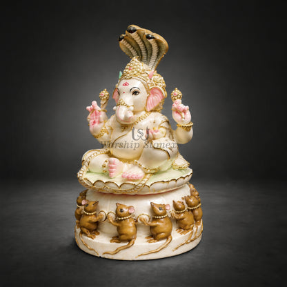 15 inch Vietnam Marble Lord Ganesha Murti with Sheshnag Crown & Decorative Mouse Base