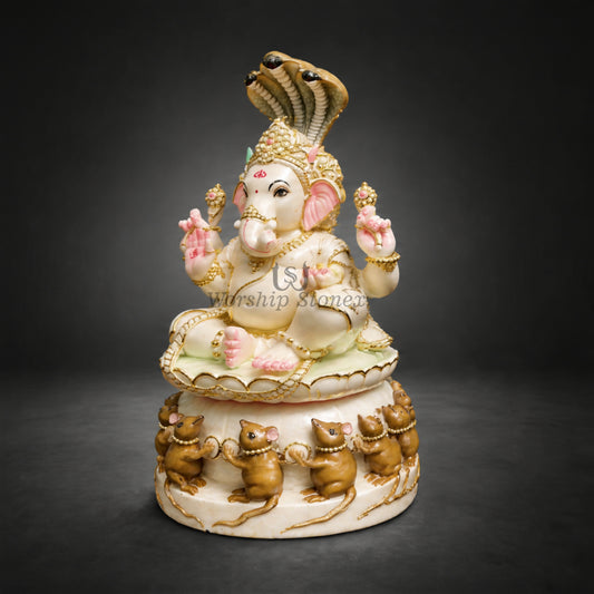 15 inch Vietnam Marble Lord Ganesha Murti with Sheshnag Crown & Decorative Mouse Base
