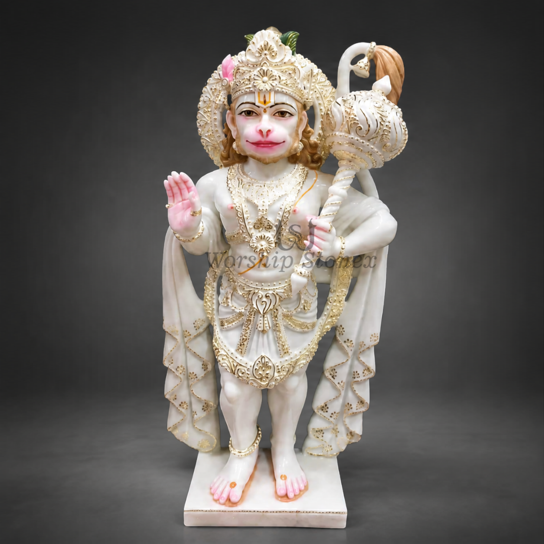12 inch Standing Lord Hanuman Ji Vietnam White Marble Murti (Gold Embossed Finish)