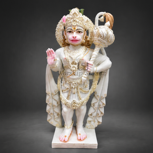 12 inch Standing Lord Hanuman Ji Vietnam White Marble Murti (Gold Embossed Finish)