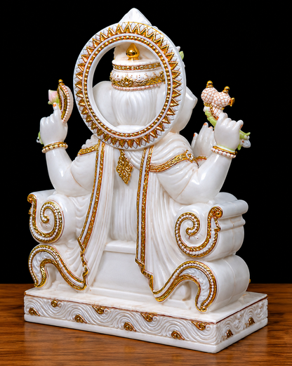 Divine Designer Gold Work White Marble Lord Ganesha Statue