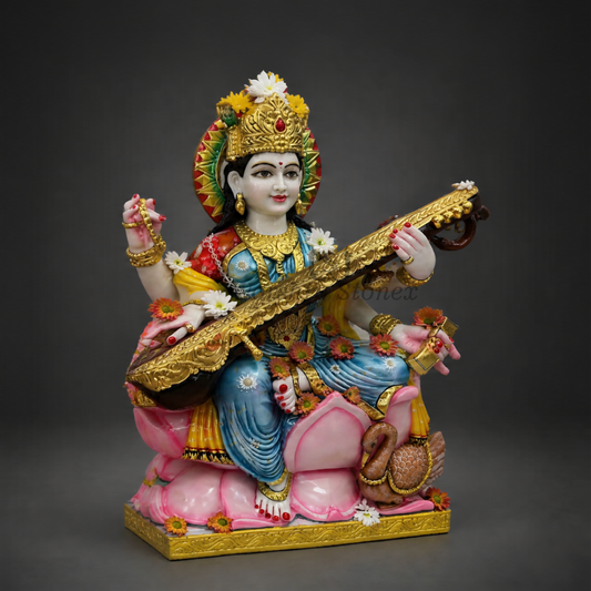 18 inch Seated Goddess Saraswati Makrana White Marble Murti (Detailed Meenakari & Gold Finish)