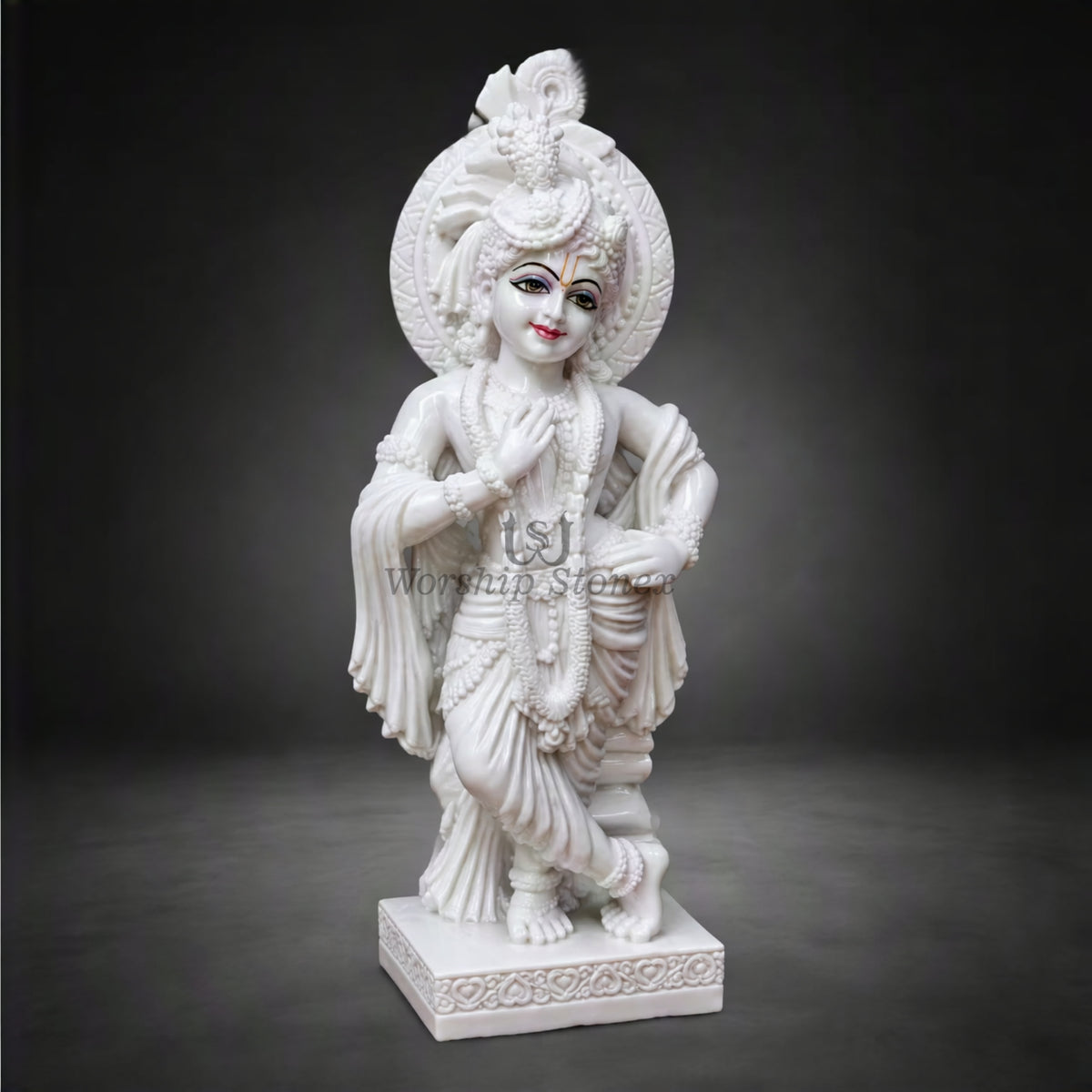 20 Inch Handcrafted Pure White Makrana Marble Lord Krishna Statue