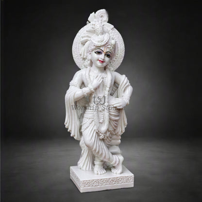 20 Inch Handcrafted Pure White Makrana Marble Lord Krishna Statue
